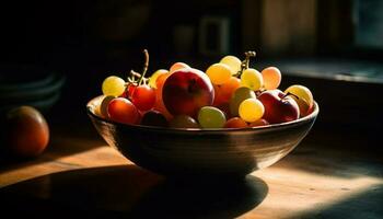 frisch organisch Obst Schüssel auf rustikal hölzern Tabelle generiert durch ai foto