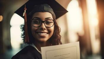 jung Frau Erfolg Diplom, Deckel, und Lächeln generiert durch ai foto