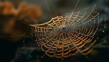 Spinne dreht sich feucht Netz, Natur gespenstisch Falle generiert durch ai foto