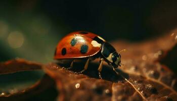 entdeckt Marienkäfer kriecht auf frisch Grün Blatt generiert durch ai foto