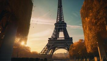 majestätisch Eiffel Turm Silhouette zurück zündete durch Sonnenuntergang generiert durch ai foto