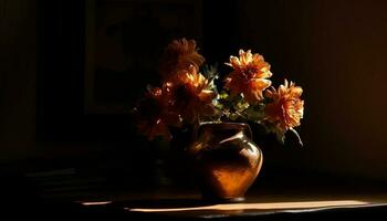 rustikal Vase hält aufwendig Strauß von multi farbig Blumen generiert durch ai foto