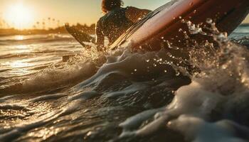 Männer Surfen Wellen, Sprühen Wasser, extrem Spaß generiert durch ai foto
