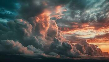 dramatisch Himmel Über idyllisch Landschaft beim Dämmerung generiert durch ai foto