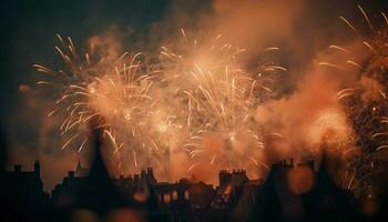 glühend Stadt Horizont, Feuerwerk entzünden Feier generiert durch ai foto
