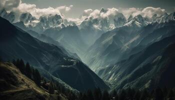 majestätisch Berg Gipfel steigt an hoch über still Wiese generiert durch ai foto