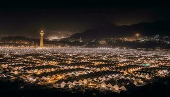 beleuchtet Stadt Horizont leuchtet mit Spiritualität beim Nacht generiert durch ai foto