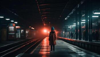 einer Geschäftsmann Reisen durch das Stadt auf ein U-Bahn Zug generativ ai foto