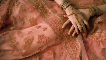 jung Braut aufwendig Sari und Schmuck Vitrine indisch Eleganz generiert durch ai foto