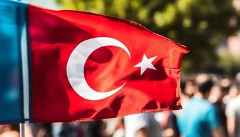 Menge halten Türkisch Flagge feiert National Wahrzeichen mit Patriotismus und Stolz generiert durch ai foto