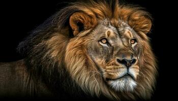 majestätisch Löwe starren mit Aggression, Fokus auf Pelz und Zähne generiert durch ai foto