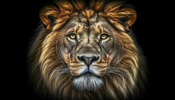 majestätisch Löwe, gefährdet groß Katze, schließen oben Porträt, Afrika Jäger generiert durch ai foto