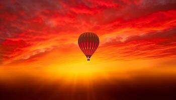 heiß Luft Ballon steigt an Über gestreift Berg Landschaft beim Sonnenuntergang generiert durch ai foto