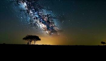 majestätisch Silhouette von Baum gegen glühend milchig Weg Star Feld generiert durch ai foto
