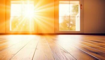 hell Sonnenlicht leuchtet modern Wohnung mit Hartholz Bodenbelag und gestreift Hintergrund generiert durch ai foto