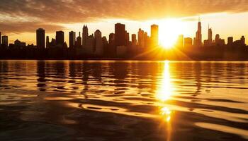 Sonnenuntergang Stadtbild Wolkenkratzer Betrachtung Dämmerung städtisch Horizont Wasser draußen generiert durch ai foto