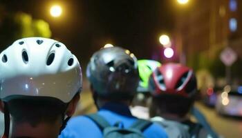 Gruppe von Menschen Radfahren draußen mit Sport Helme zum Sicherheit generiert durch ai foto