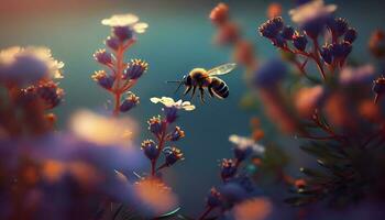 fleißig Biene fliegend im Blumen suchen von es ist Pollen ,generativ ai foto