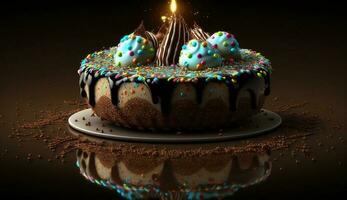 Schokolade Geburtstag Kuchen mit Kerze Dekoration und Glasur ,generativ ai foto