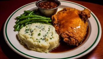 frisch gekocht Gourmet Schweinefleisch Schnitzel auf Teller mit Gemüse ,generativ ai foto