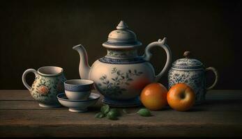 rustikal Teekanne sitzt auf hölzern Tabelle mit Dampf generiert durch ai foto
