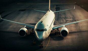 Flugzeug nehmen aus auf ein Blau Runway generiert durch ai foto