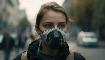 Stadt Arbeiter schützt Gesicht von Luft Verschmutzung draußen generiert durch ai foto