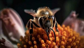 beschäftigt Honig Biene Versammlung Pollen von Blume generiert durch ai foto