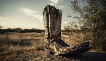 Cowboy Stiefel auf rustikal Zaun im Sonnenuntergang generiert durch ai foto