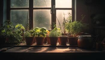 frisch Grün Sämlinge sitzen im ein Blume Topf generiert durch ai foto