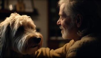 Mann und Hund Teilen Liebe und Loyalität generiert durch ai foto