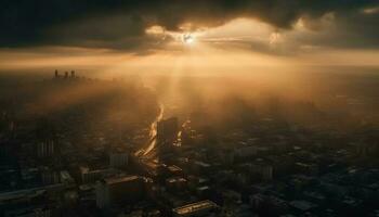 Sonnenuntergang leuchtet modern Wolkenkratzer im Stadt Horizont generiert durch ai foto