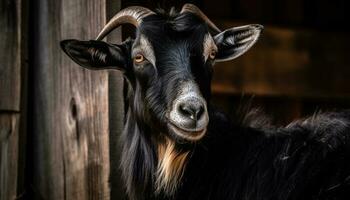 süß Ziege auf ländlich Bauernhof, suchen beim Kamera generiert durch ai foto