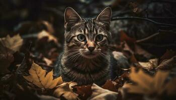 flauschige Kätzchen sitzt unter Herbst Blätter, spielerisch generiert durch ai foto