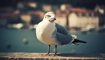 Möwe Stehen auf Steg, Blick beim still Wasser generiert durch ai foto