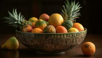 frisch Obst Schüssel auf hölzern Tisch, gesund Essen generiert durch ai foto
