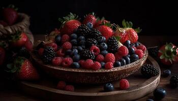 rustikal Tabelle mit gesund Beere Dessert Fülle generiert durch ai foto