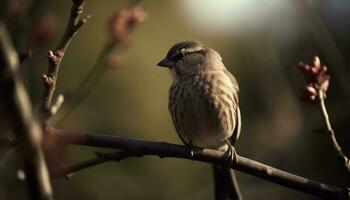 klein Spatz sich niederlassen auf Zweig, genießen Sonnenlicht generiert durch ai foto