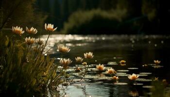 Lotus Wasser Lilie Blüten im still Teich generiert durch ai foto