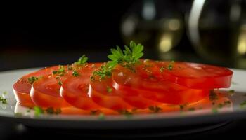 gesund Vorspeise Teller mit frisch organisch Salat, gegrillt Schweinefleisch und Mozzarella generiert durch ai foto