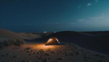 Nacht Camping Abenteuer im still Wildnis, beleuchtet durch sternenklar milchig Weg generiert durch ai foto