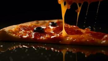 frisch gebacken Pizza Scheibe mit geschmolzen Mozzarella und Bohnenkraut Soße generiert durch ai foto