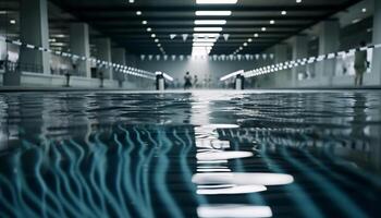 transparent Blau Welle spiegelt modern die Architektur im unter Tage Schwimmen Schwimmbad generiert durch ai foto