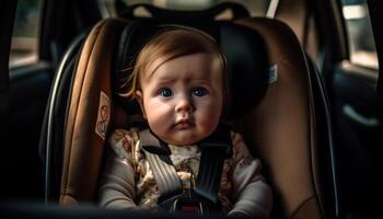 süß Baby Mädchen Sitzung sicher im Auto Sitz zum Reise generiert durch ai foto