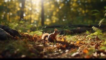 flauschige Säugetier sitzt auf Zweig, Essen Eichel im Herbst Wald generiert durch ai foto