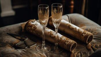 Champagner Flöte und Wein Flasche auf elegant Tabelle zum Feier generiert durch ai foto