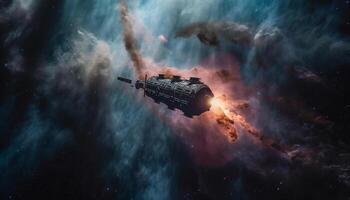 futuristisch Raumschiff Umlaufbahnen Planet im Galaxis, erkunden Natur Wunder generiert durch ai foto
