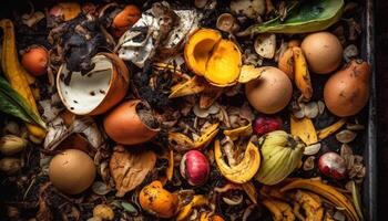 ein rustikal hölzern Schüssel hält ein bunt, frisch Herbst Ernte generiert durch ai foto