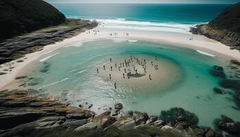 über das Türkis Riff, majestätisch Berg trifft das tropisch Seelandschaft generiert durch ai foto