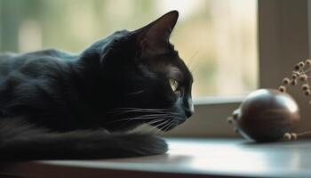 ein Niedlich, spielerisch Kätzchen mit Blau Augen starren aus das Fenster generiert durch ai foto